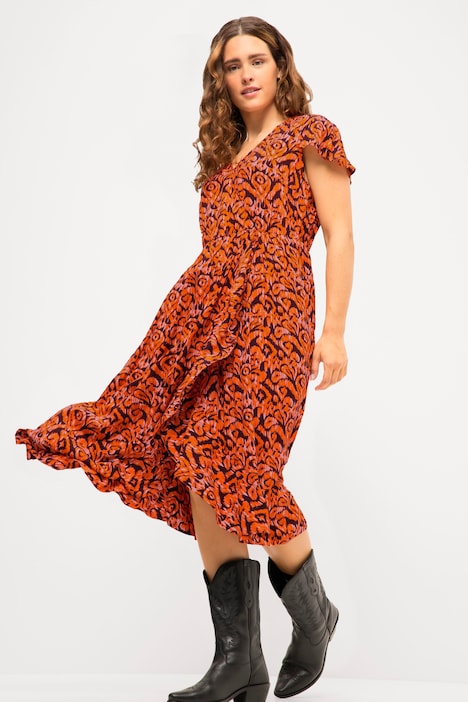 Midikleid, A-Line, Allover Print, V-Ausschnitt, Halbarm