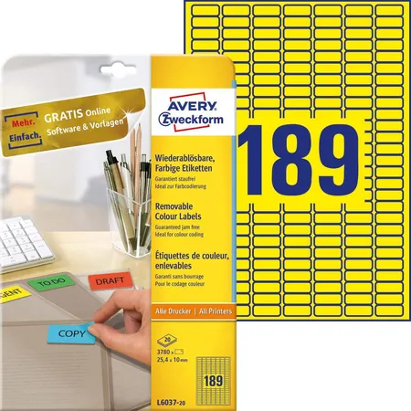 Avery Zweckform L6037-20 Farbige Etiketten,A4 25,4 x 10 mm, 20 Bogen/3.780 Etiketten, gelb