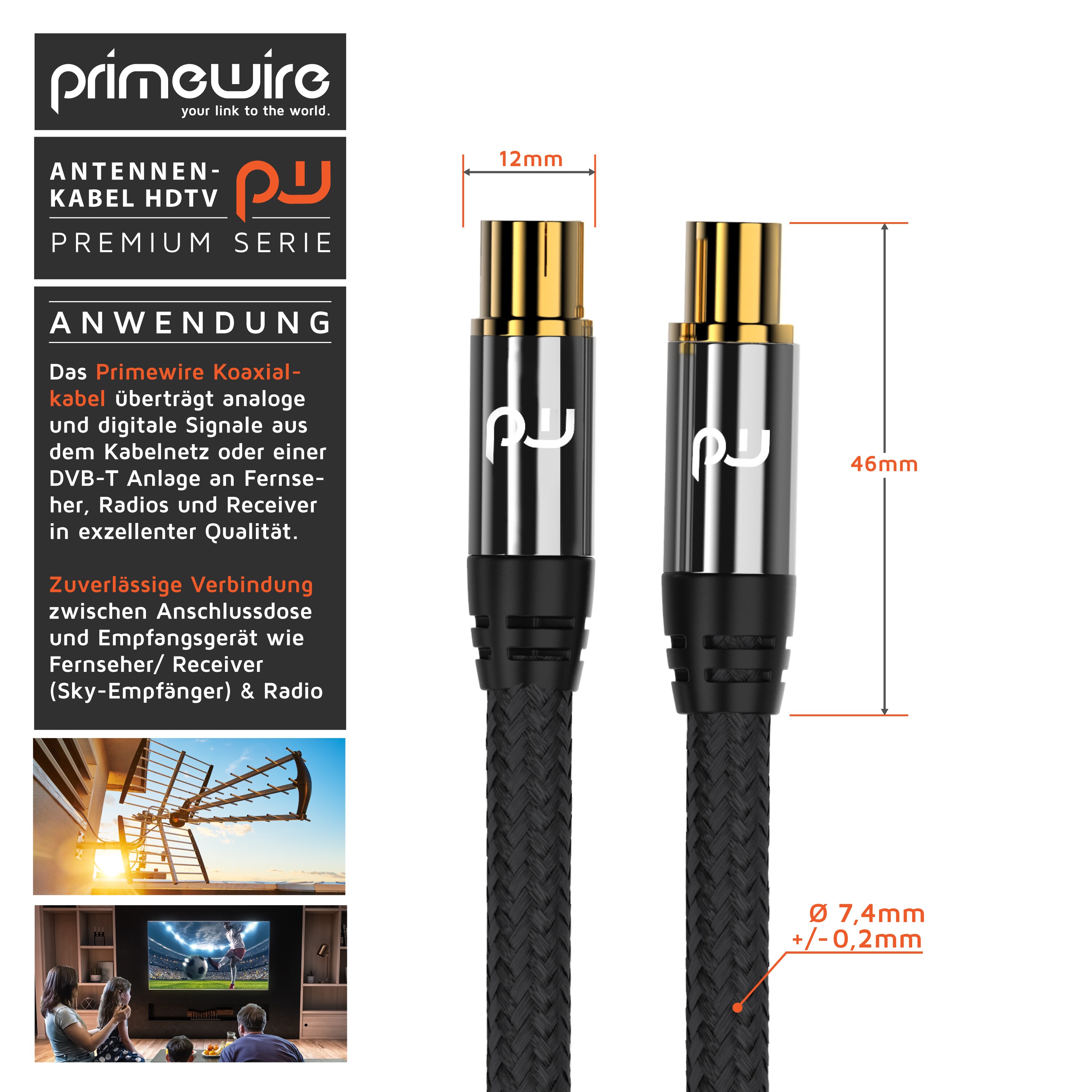 Primewire HDTV Antennenkabel mit Braiding - 2-fach Schirmung - Stoffummantelung - 75 Ohm / 135 dB - 3 m