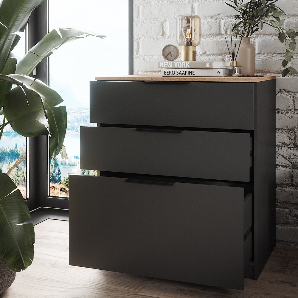 Vicco Kommode Betti 80 x 90 cm in Anthrazit Sonoma, 3 Schubfächer, Schlafzimmer