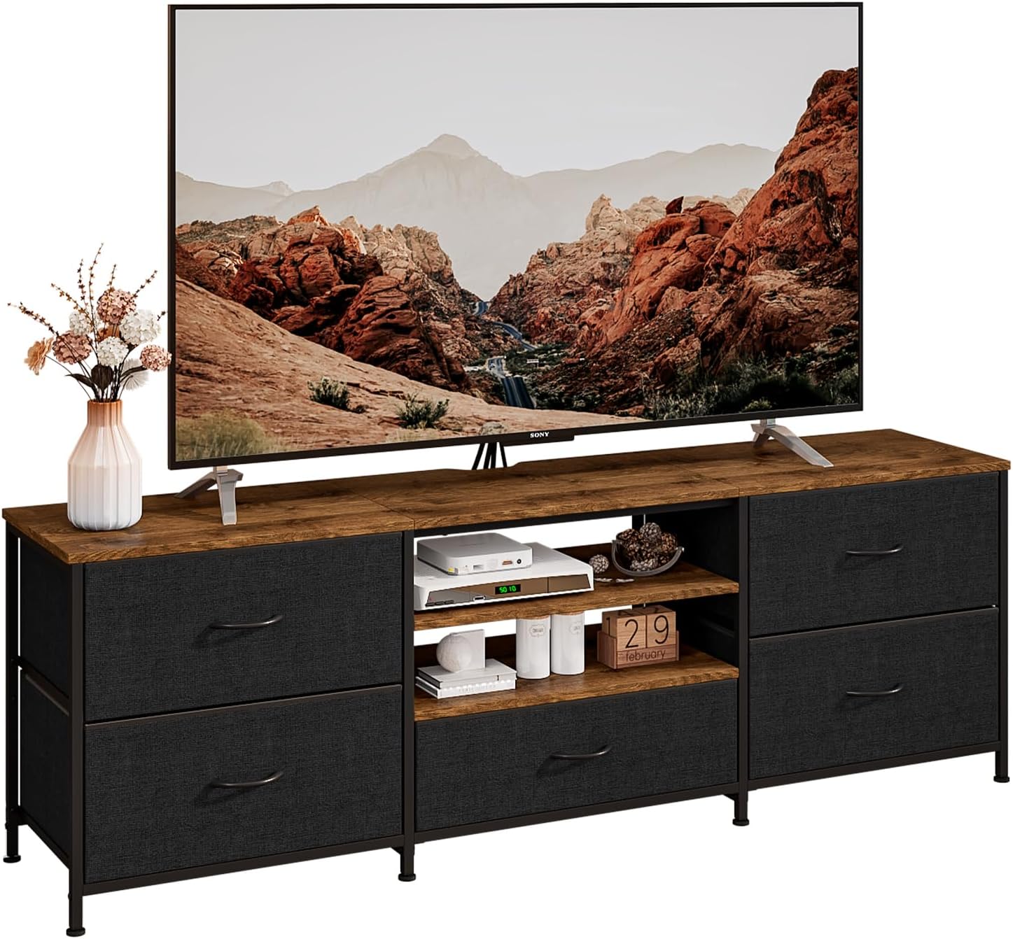 TV-Schrank,Fernsehschrank,Lowboard für Fernseher bis zu 65 Zoll,TV Board mit 5 Schubladen aus Stoff,2 offenen Fächern,Fernsehtisch mit Stahlgestell für Wohnzimmer,30 x 140 x 50 cm (Schwarz)