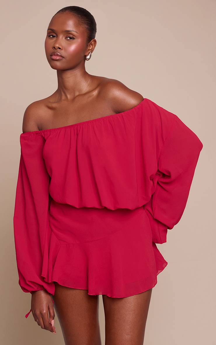 Rouge Bordeaux Combi-short Jupe-culotte En Mousseline Vert Foncé À Une Épaule Avec Détail Flottant