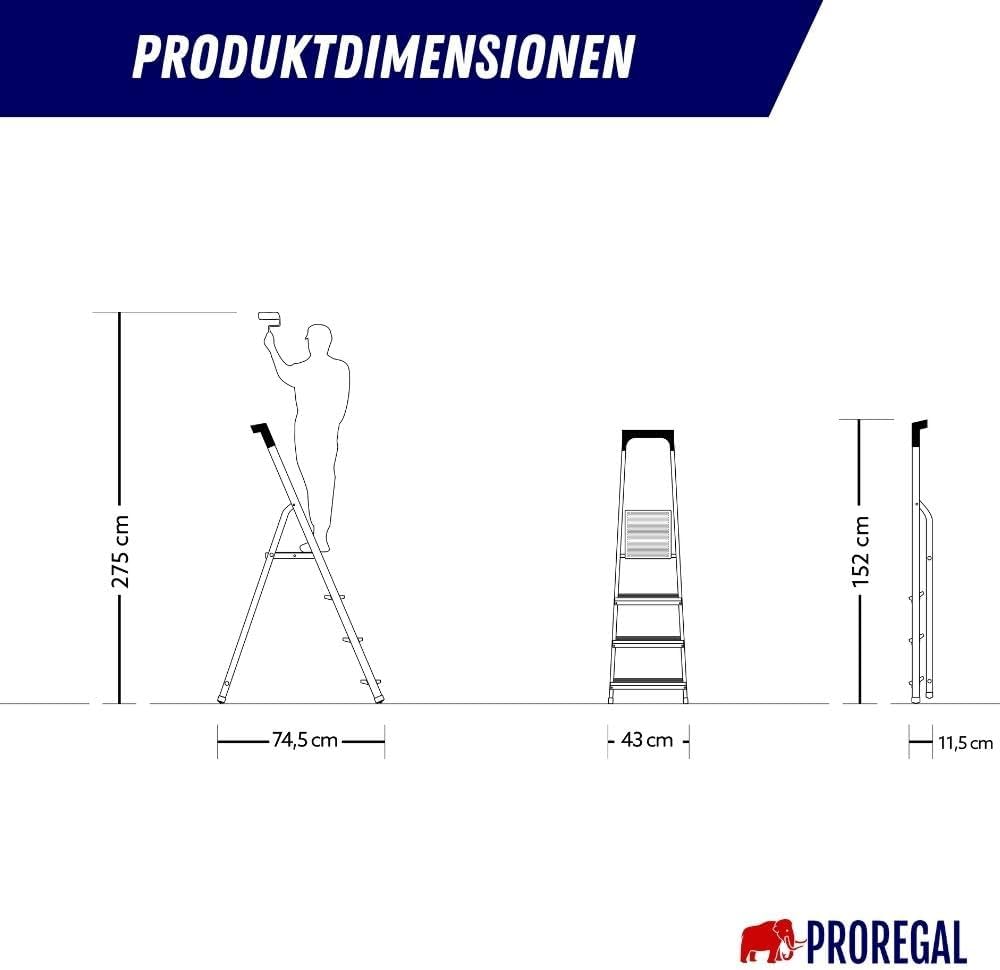 PROREGAL Trapladder met gereedschapsplank Economy Basic Enkelzijdige toegang 4 treden Werkhoogte 2,75 m Draagvermogen 150 kg