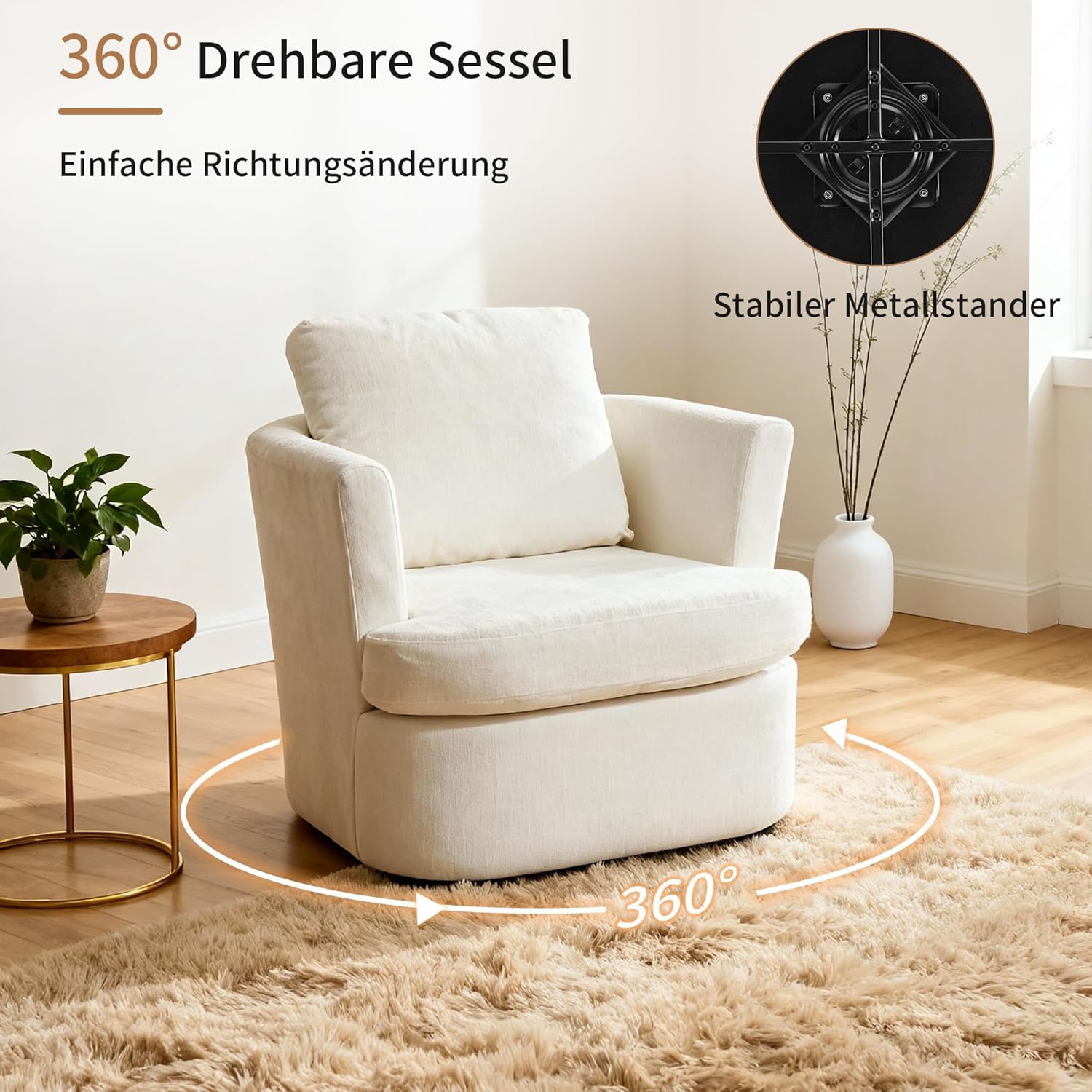 Drehsessel, Chenille Sessel, 360° Schwenkbarer Entspannungsstuhl, mit U-förmiger Rückenlehne und gepolsterter Sitzfläche, geeignet für Wohnzimmer, Schlafzimmer und Büro, Weiß