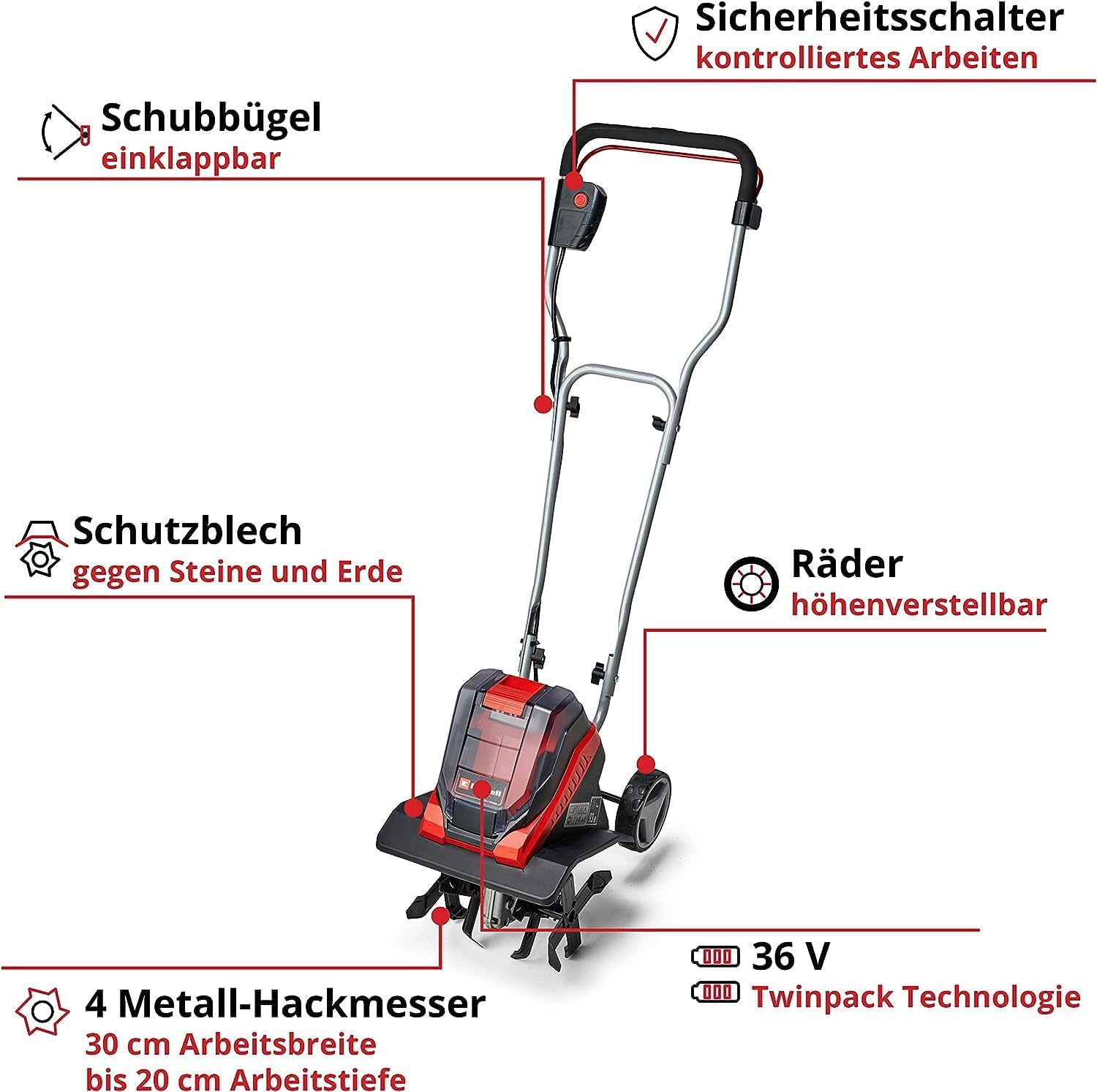 Einhell Akku-Bodenhacke GE-CR 30 Li - Solo Power X-Change (Li-Ion, 36 V, 30 cm Arbeitsbreite, 20 cm Arbeitstiefe, robuste Hackmesser, 2-Punkt-Sicherheitsschalter, ohne Akku und Ladegerät)