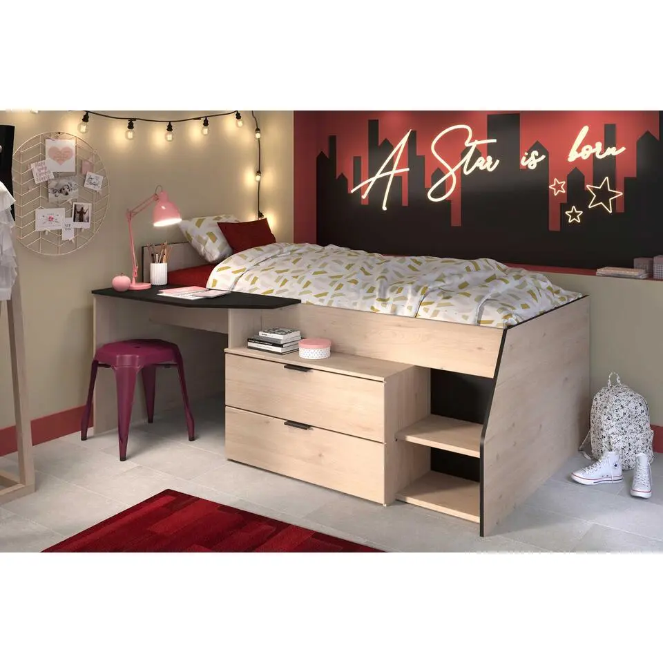 Kajuitbed Milky met bureau en lades - zwart/eik