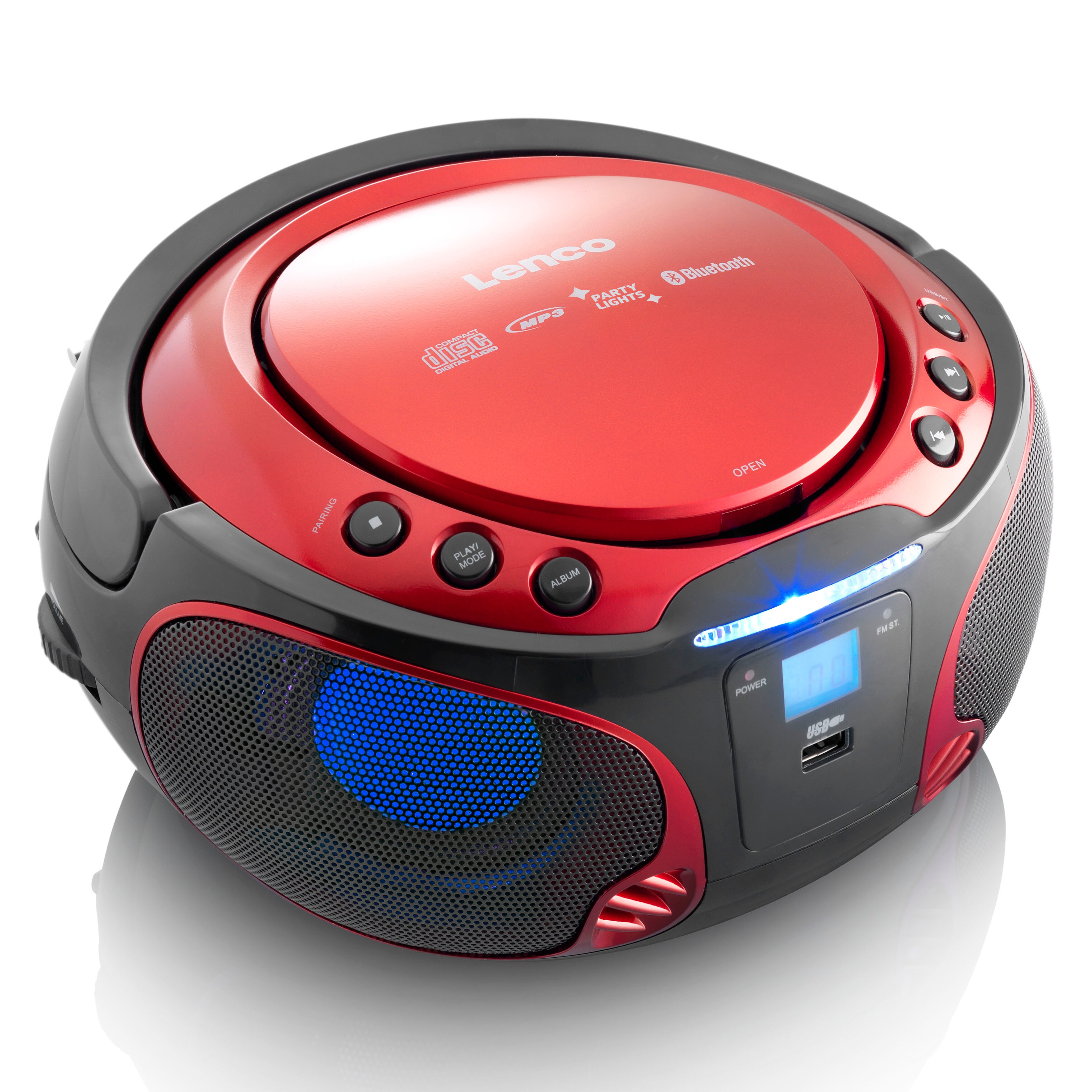 Lenco SCD-550RD - Tragbares FM-Radio mit CD/MP3-Player - Bluetooth - USB-Anschluß - Lichteffekte - Kopfhörerausgang - Rot
