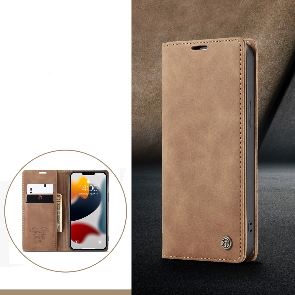 iPhone 13 Pro Leder Tasche Flip Wallet Etui mit Kartenfächern - Hellbraun