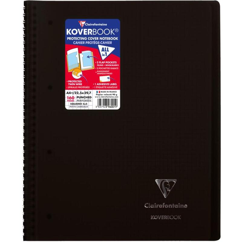 Cahier reliure intégrale enveloppante Koverbook A4+ 160 pages petits carreaux détachables perforé 4 trous couverture polypropylène t ransparent - Assortis