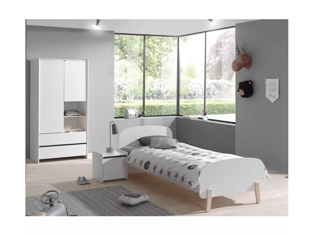 BODHI WHITE - Lit 90x200cm + Chevet + Armoire 2 Portes