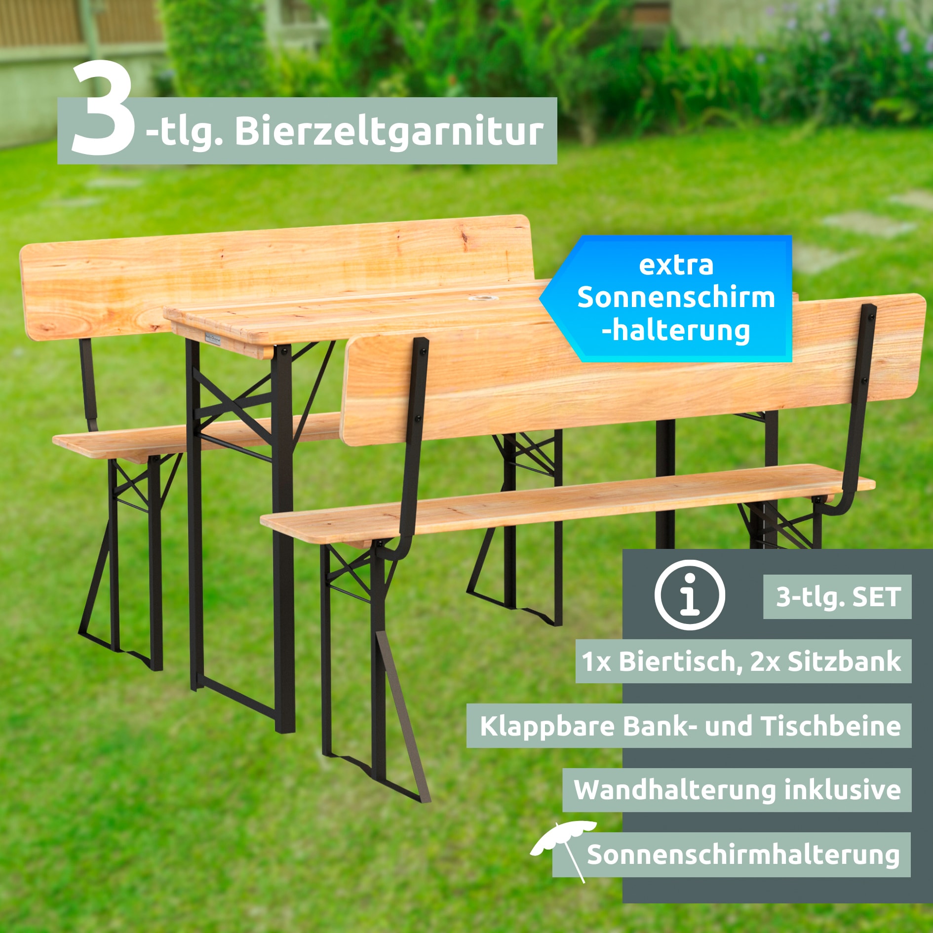 holz4home Bierzeltgarnitur BIERBANK 3-teilig 117 x 45,5 cm schwarz /naturfarbig