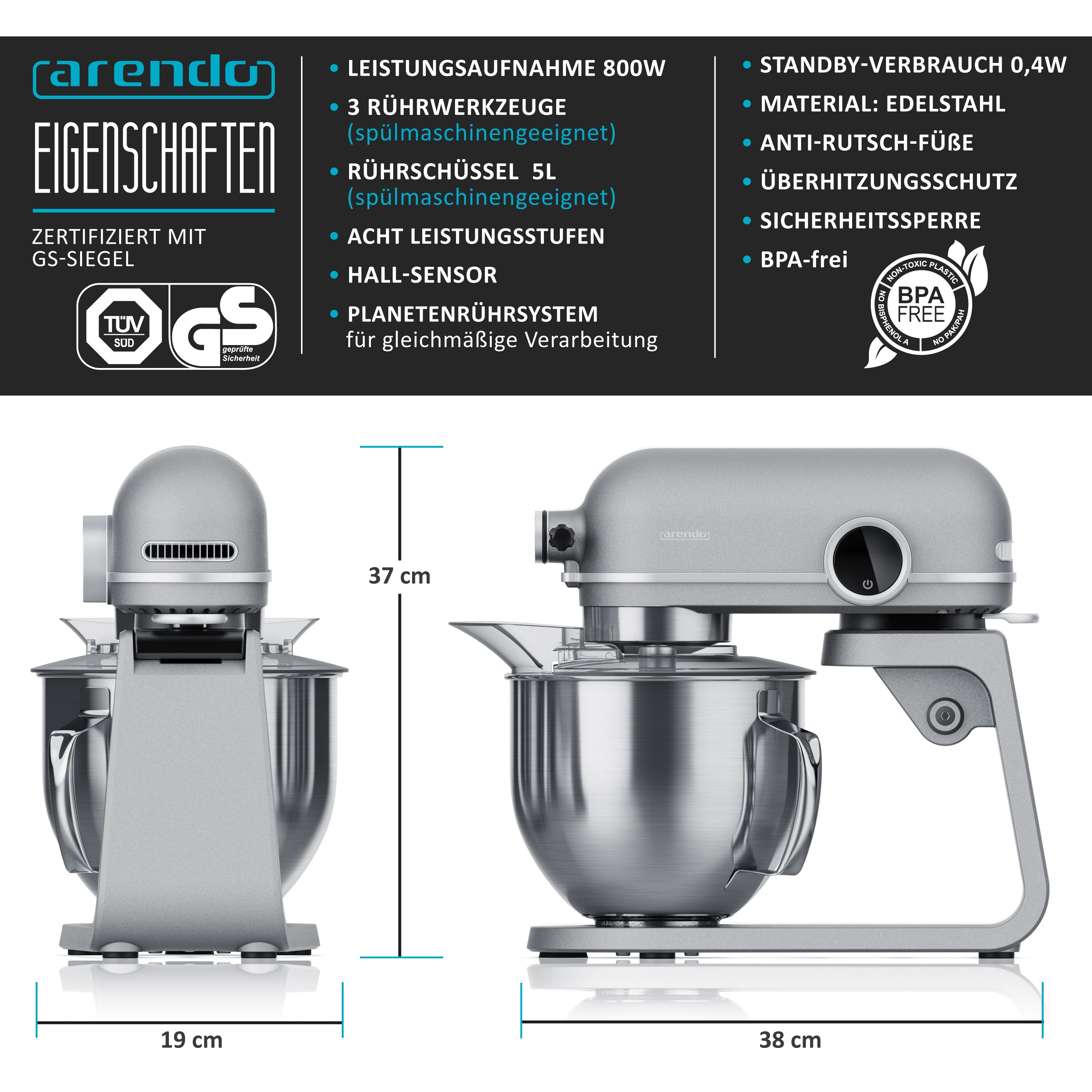 Arendo 800 Watt Rührmaschine, Küchenmaschine, 5 L Knetmaschine, 8 Geschwindigkeiten, Silber