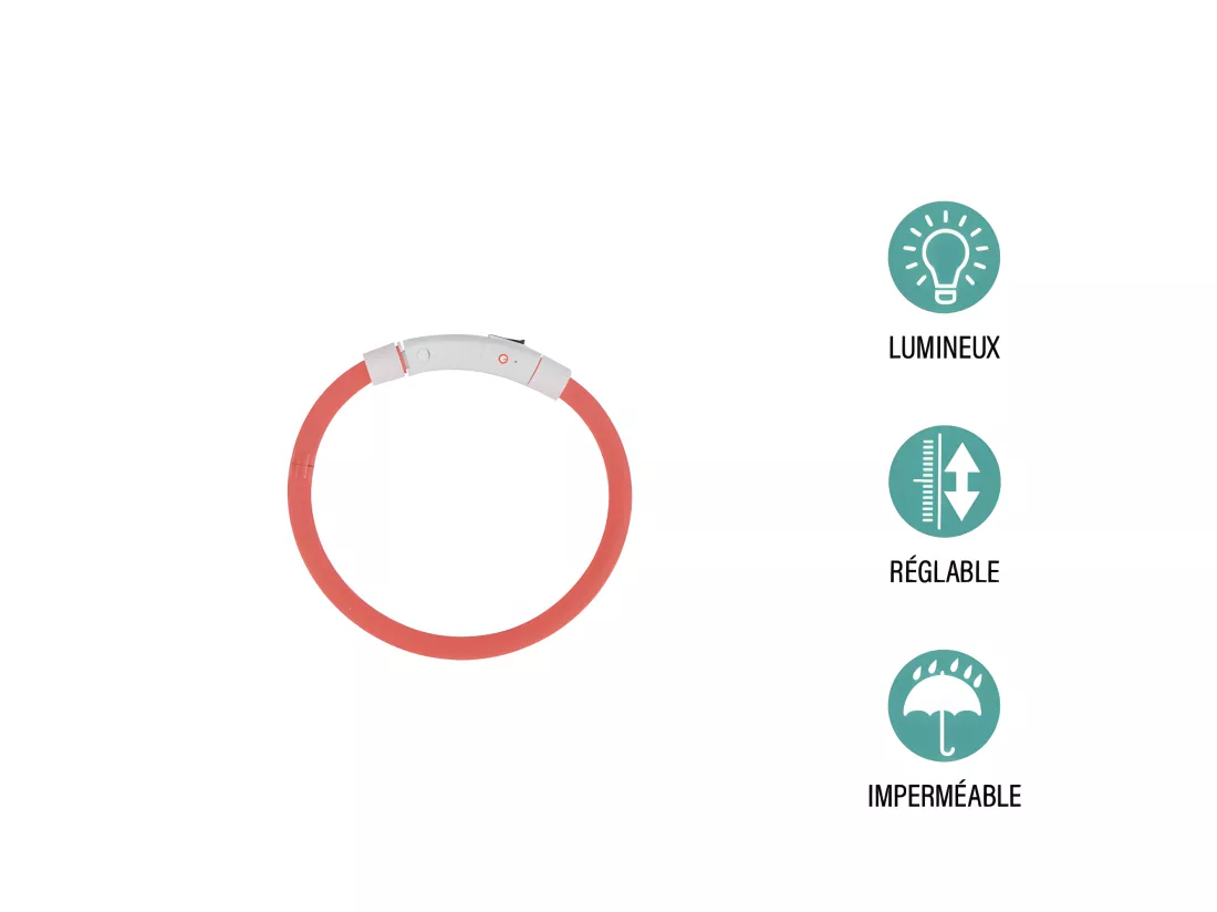 Collier de sécurité ajustable à Led rechargeable USB en PVC - Rouge - 35 à 70 cm
