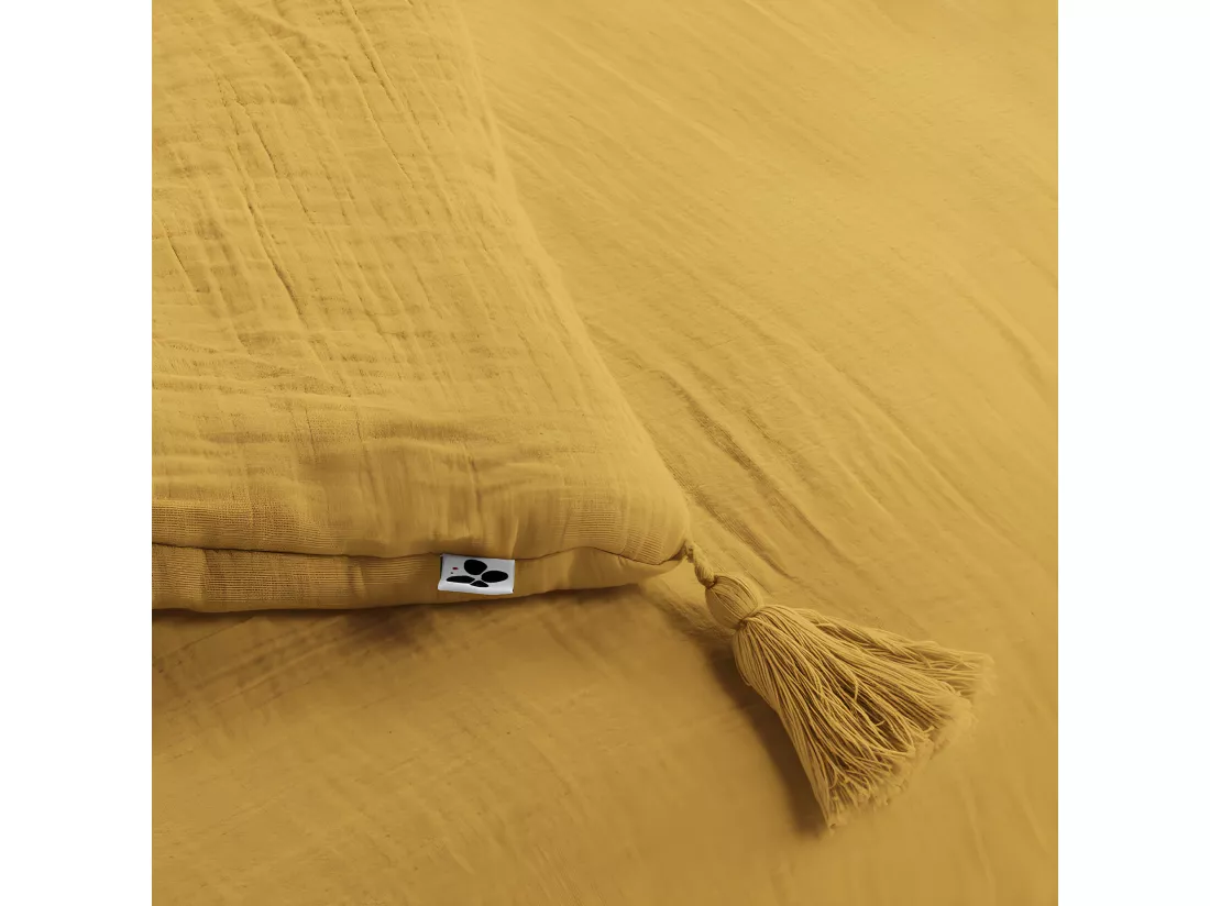 Édredon 90 x 200 cm en gaze de coton jaune avec 4 pompons - PEPA