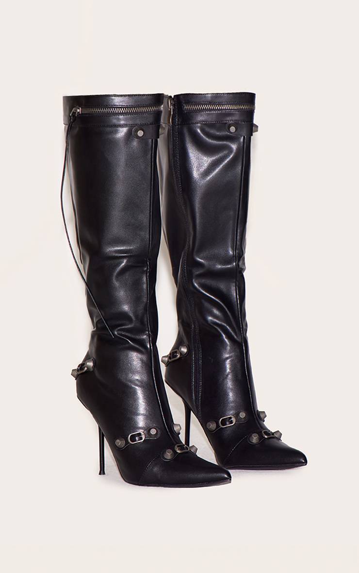 Noir Bottes Hautes À Talons Avec Bout Pointu Et Détail Zip En Synthétiquecuir