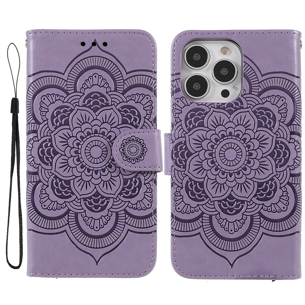 iPhone 13 Pro Leder Tasche Wallet - Mandala Flowers Imprint - Lila
