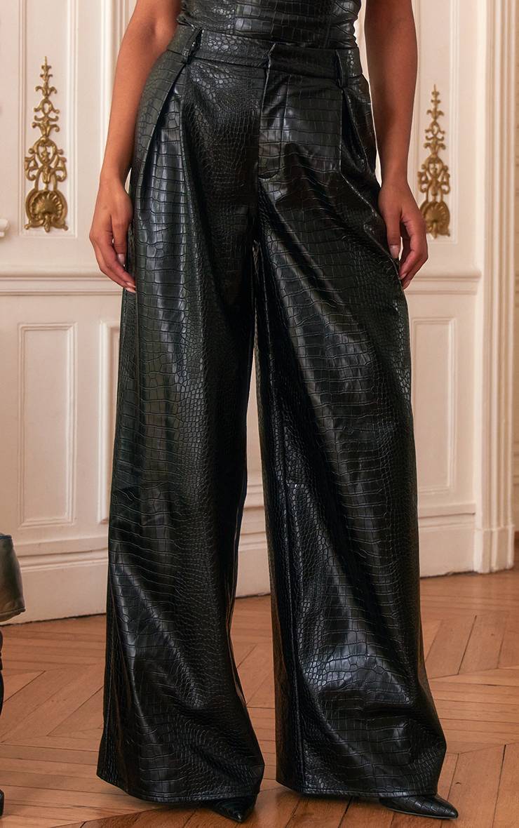 Noir Pantalon Large Tailleur En Synthétiquecuir Effet Croco Plt Label