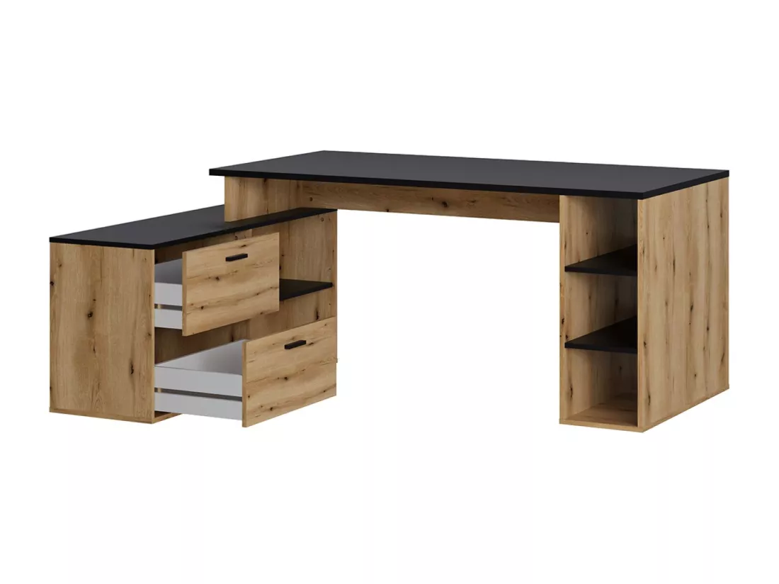 Bureau d'angle en mélamine coloris imitation chêne artisan / noir mat - Longueur 183 x profondeur 141 x Hauteur 75 cm