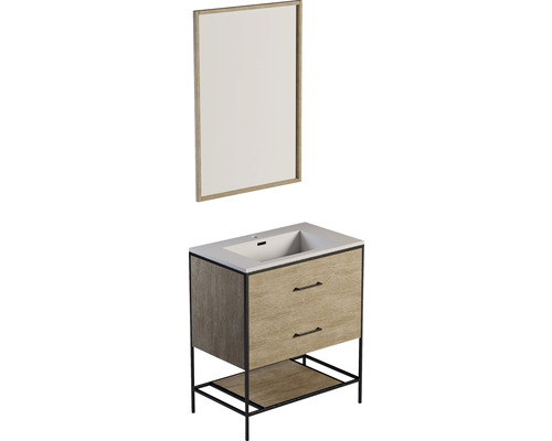 Badkamermeubelset Differnz Industrial 81 x 85 x 90 cm, frontkleur kastanje grafiet, wastafel en badmeubel wit, wastafelspiegel