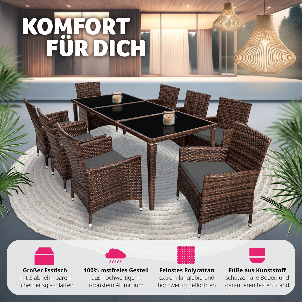 Rotan zitgroep tectake Menorca met aluminium frame, 2 sets hoezen, inclusief beschermhoes