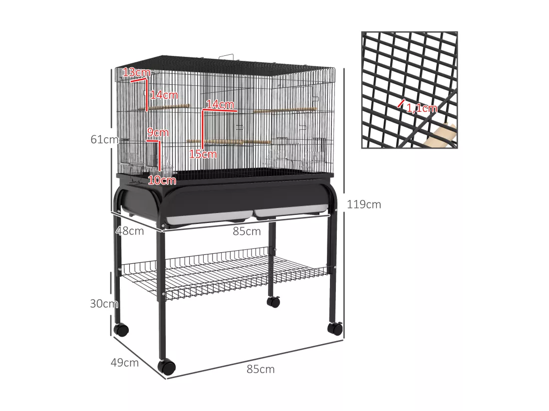 Grande cage oiseaux - cage perroquet - grande volière sur roulettes - étagère, plateaux coulissants, accessoires - noir