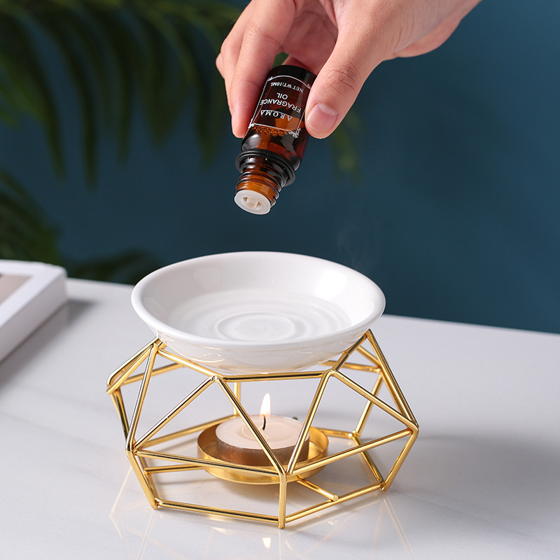 Keramik Aroma Duftlampe mit Edelstahl Teelicht Halterung - Gold / Weiss