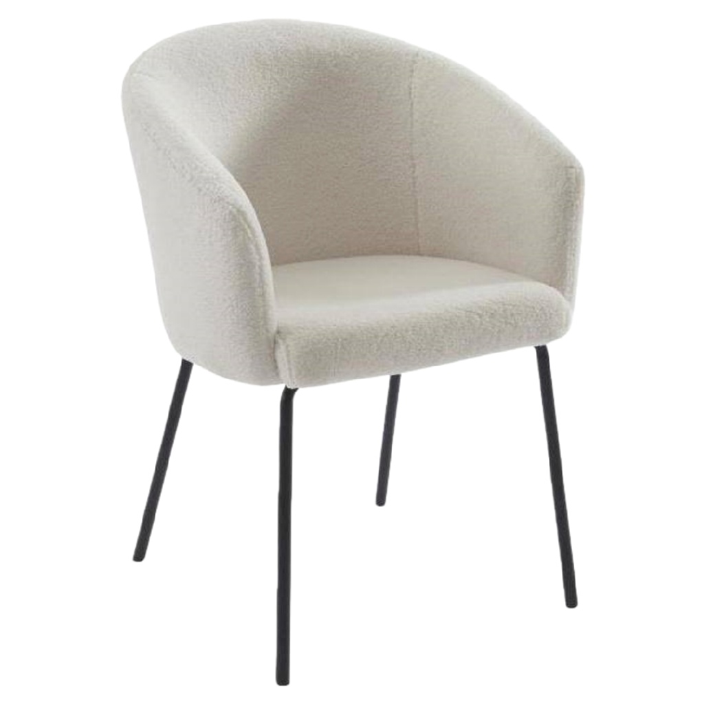 Chaise de salle à manger moderne en tissu bouclette blanc cassé avec pieds en métal noir – Confortable et élégante