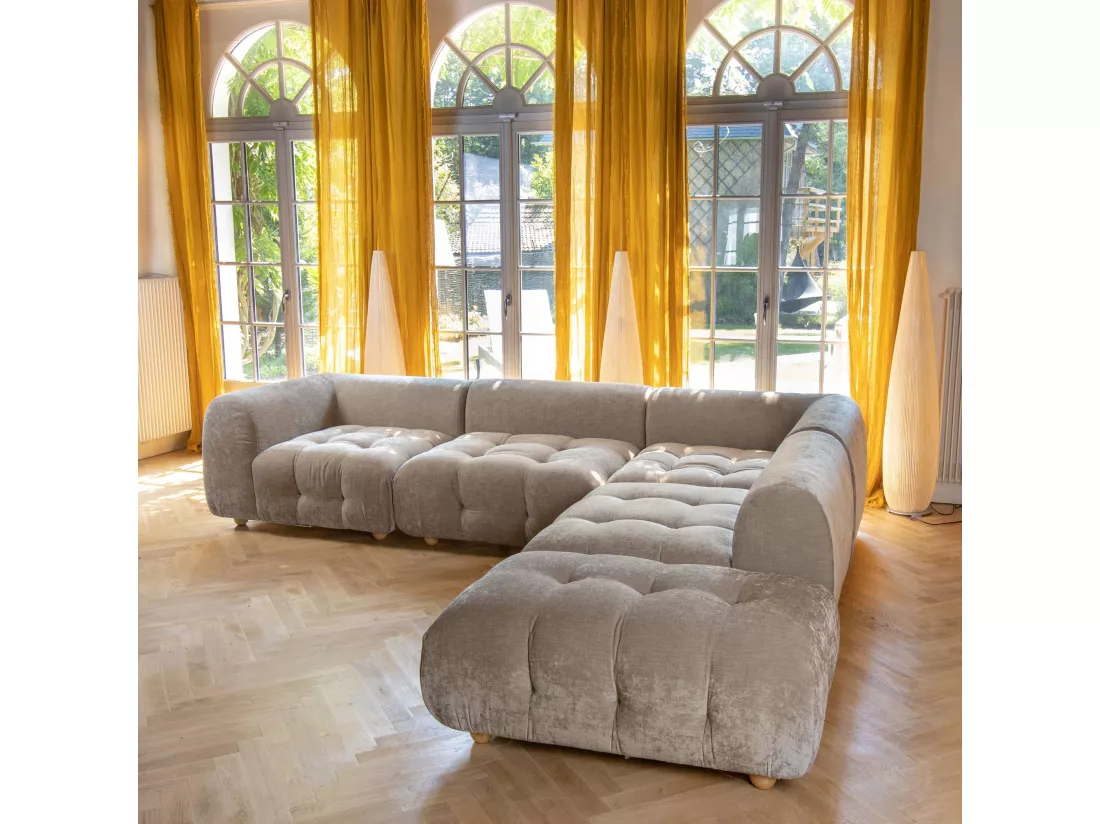 Now's Home - Canape Angle 5 Modules Gris Taupe Velours Pane 300x265x67cm Twiggy