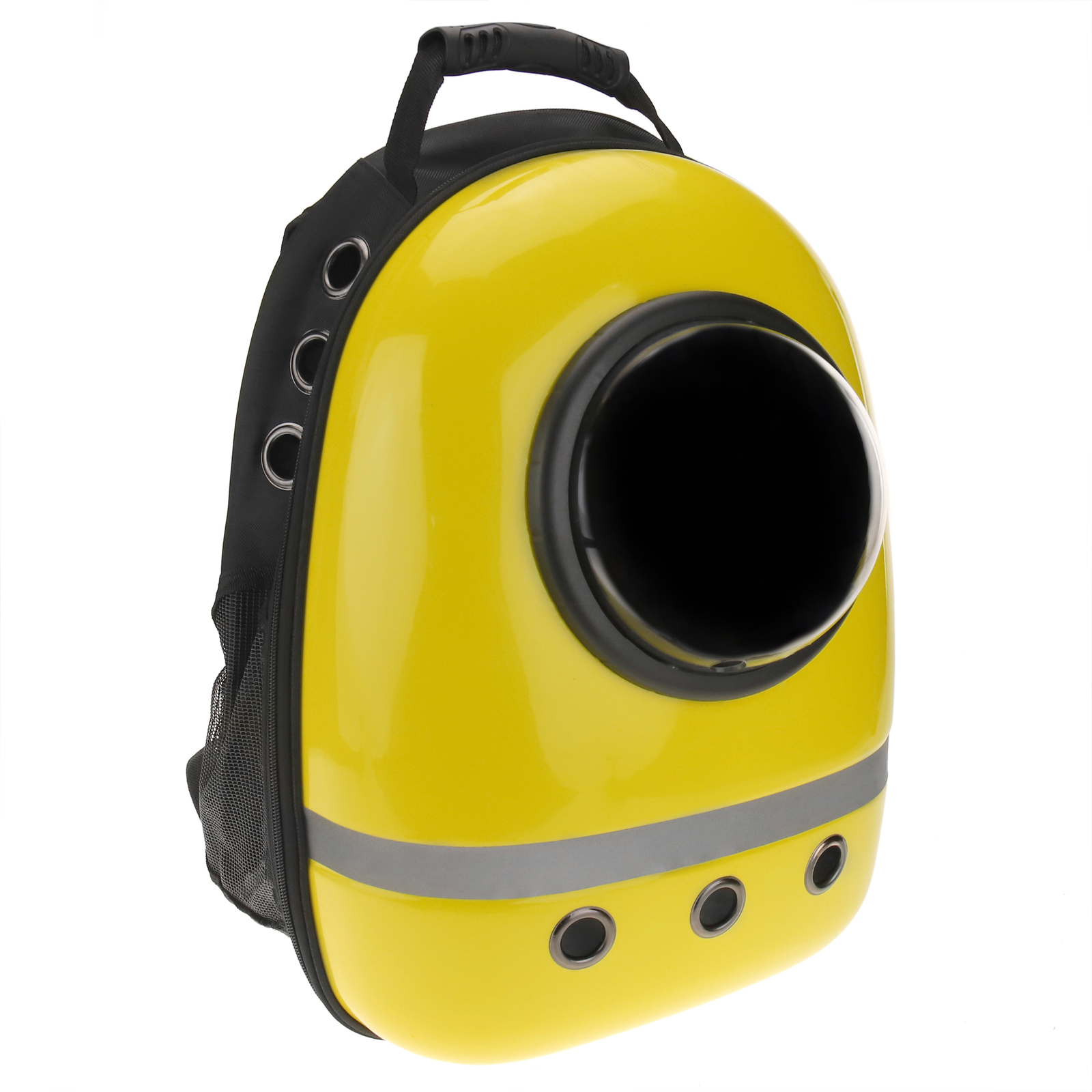 Mochila transportadora para cães e gatos. Mochila rígida de plástico amarelo.