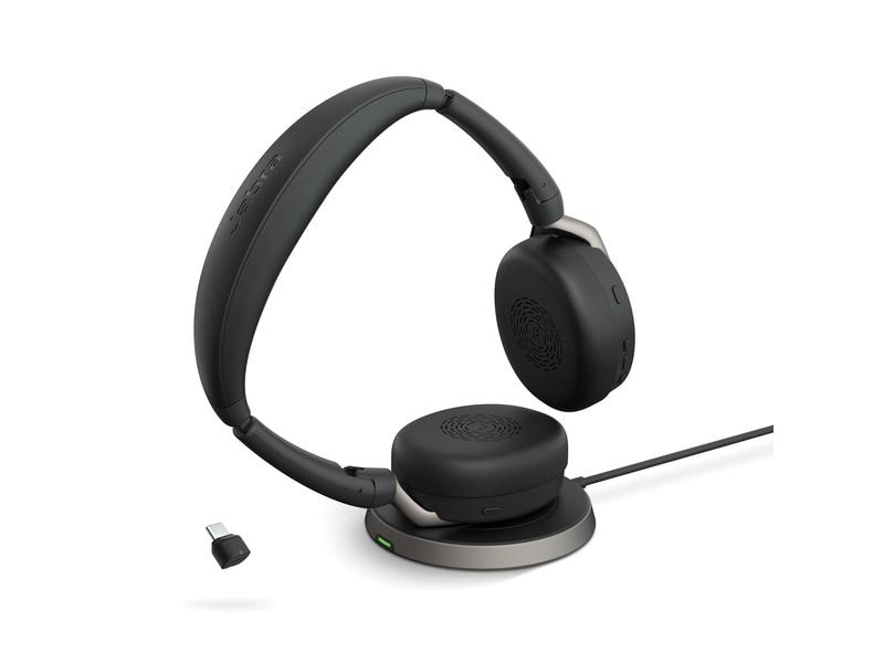 Jabra Headset Evolve2 65 Flex Duo MS, USB-C, inkl. Ladestat Ultrakompaktes professionelles Headset für unterwegs mit der besten aktiven Geräuschunterdrückung seiner Klasse