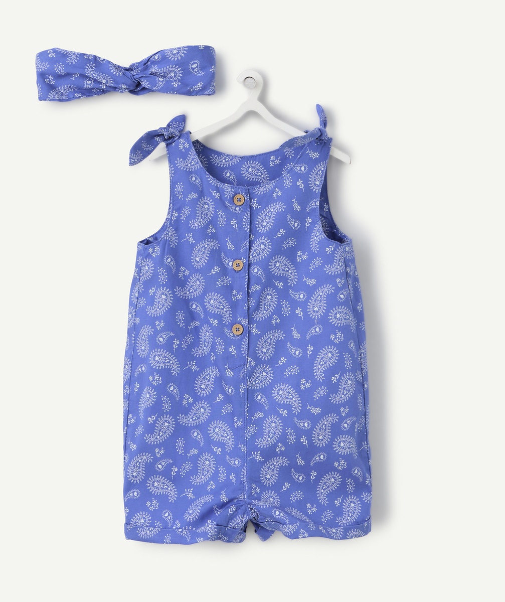 salopette et turban bébé fille en viscose responsable imprimé cachemire bleu