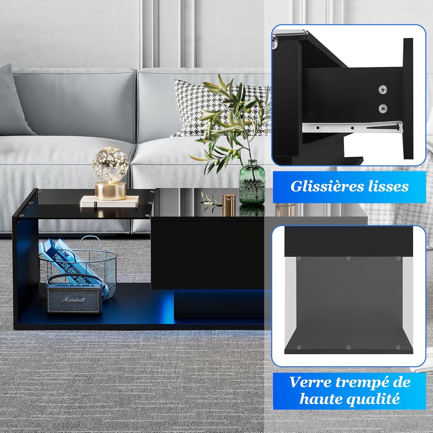 okwish Couchtisch Rechteckig, LED-Hochglanz Beistelltisch für Schlafzimmer, Wohnzimmertische mit Stauraum fürs Wohnzimmer, Beistelltisch mit Glasplatte und Schubladen, Schwarz