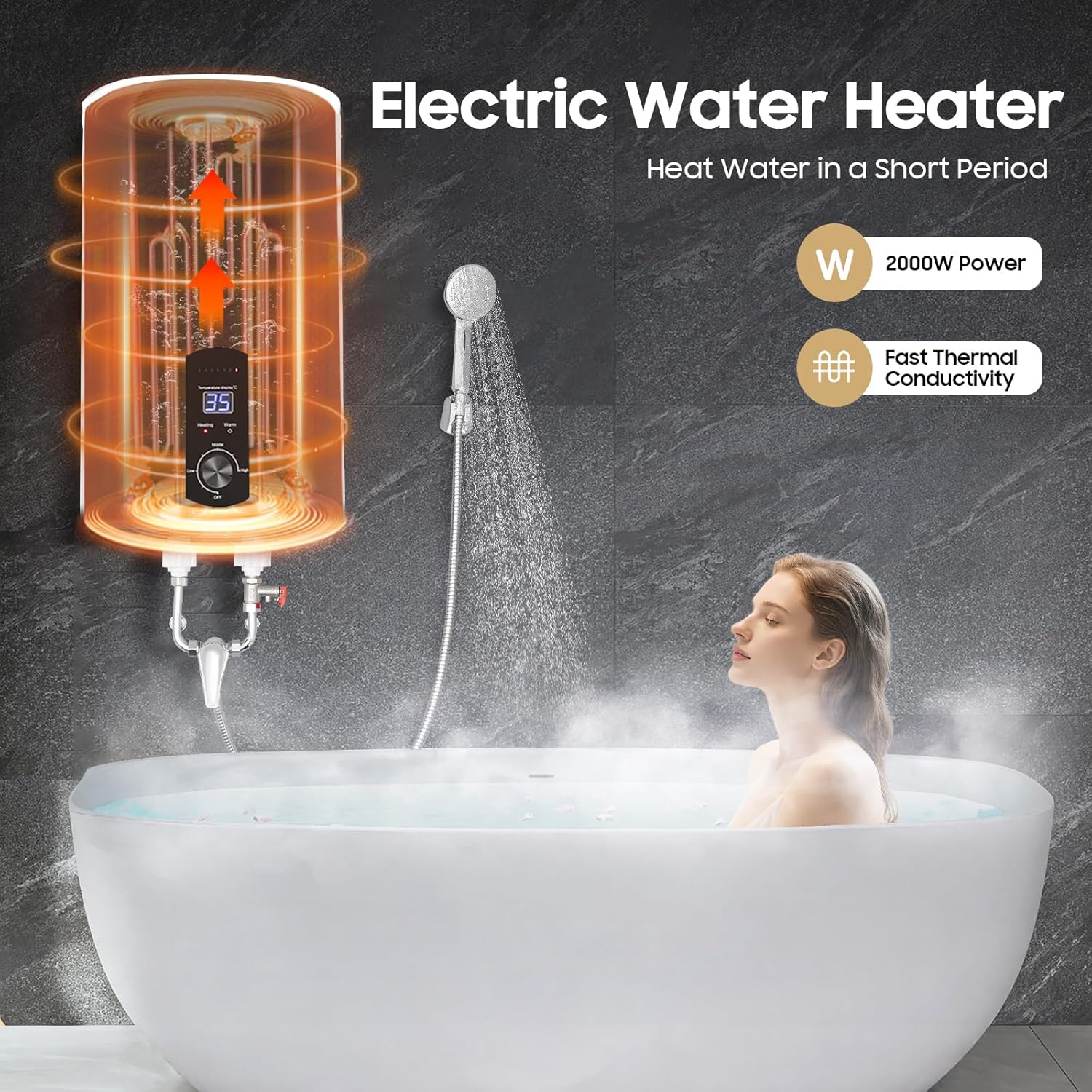 Warmwasserspeicher Boiler 50L/80L/100L/120L, Energiesparend 2000W Vertikaler Wandmontierter warmwasserboiler mit LED-Temperaturanzeigee für Badezimmer, Friseursalons Smart Boiler (50L)
