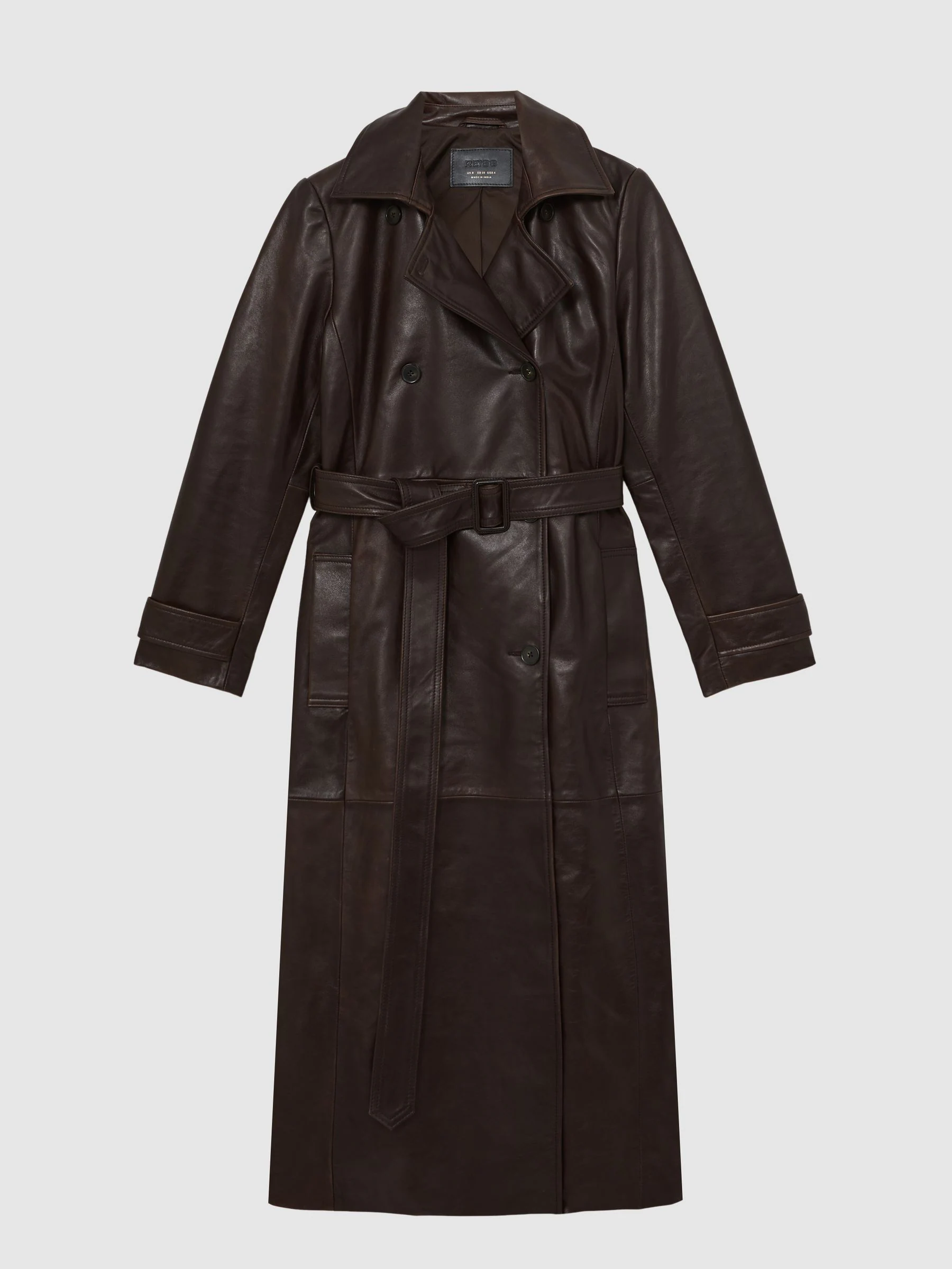 Chocoladebruin - Reiss Hattie Leather Double-Breasted Trench Coat
