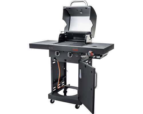 Char-Broil Professional Power Edition gasbarbecue met 2 branders, matzwart, inclusief opbergplank, dekselthermometer, geëmailleerde gietijzeren planchaplaat, vetopvangbak, grillrooster, uitklapbare zijtafel, zijplank, warmhoudrek.