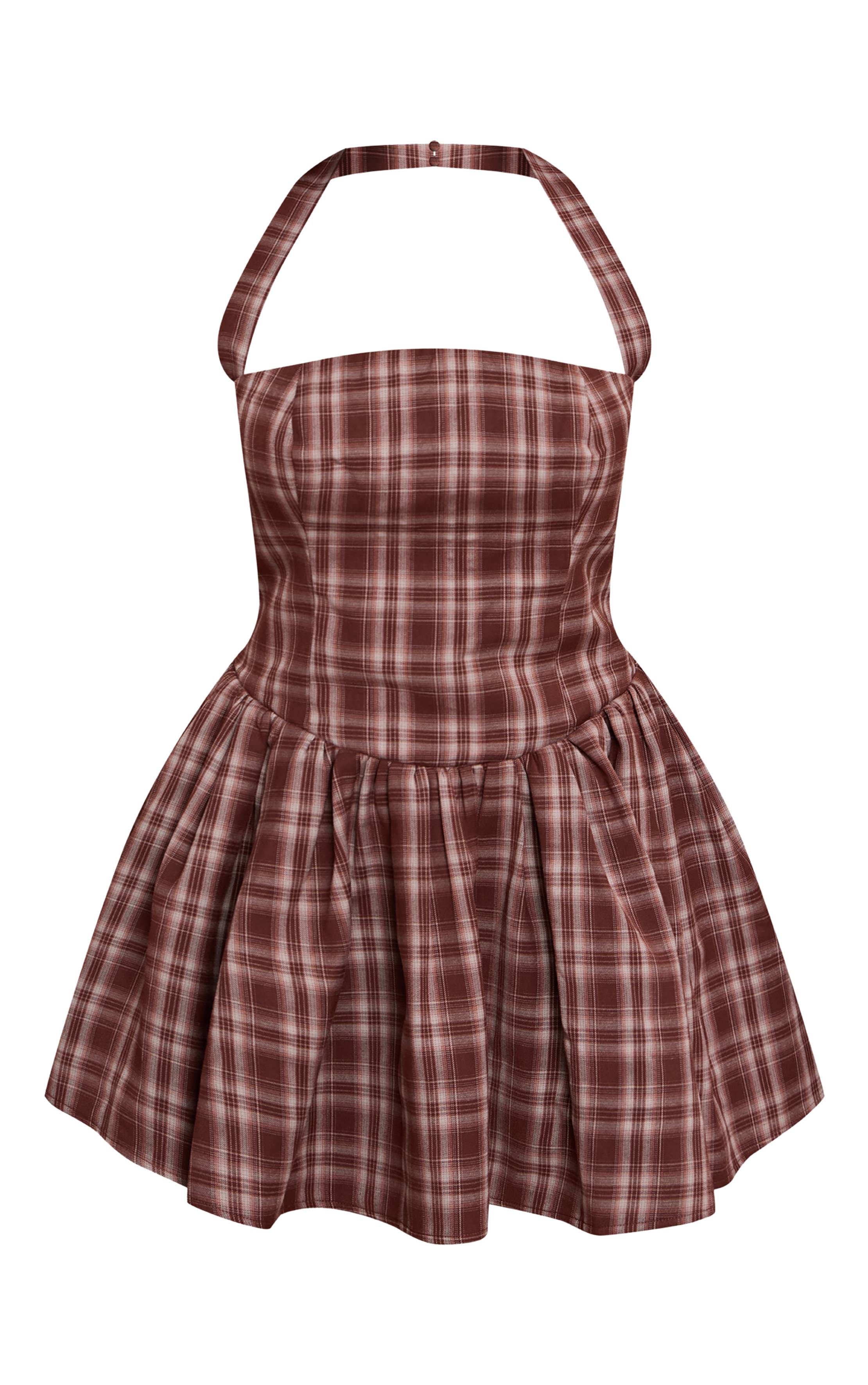 Marron Robe Mini Patineuse Bandeau À Carreaux Écossais Tissés Avec Fronces Shape