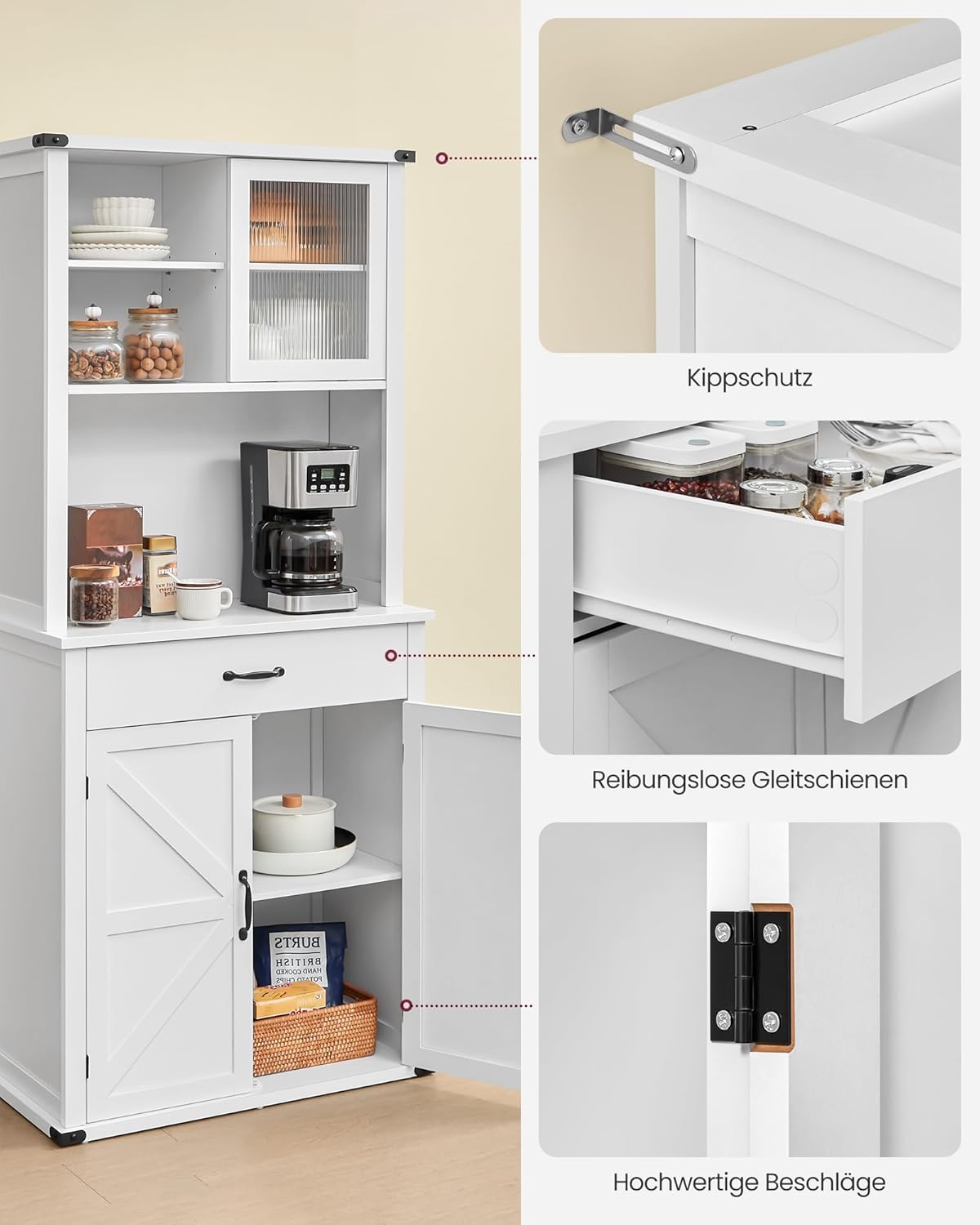 VASAGLE Sideboard mit Beleuchtung, Aufbewahrungsschrank, mit Türen und Schubladen, Küchenschrank, Kaffeebar, verstellbare Ablage, Landhausstil, wolkenweiß BBK363W21