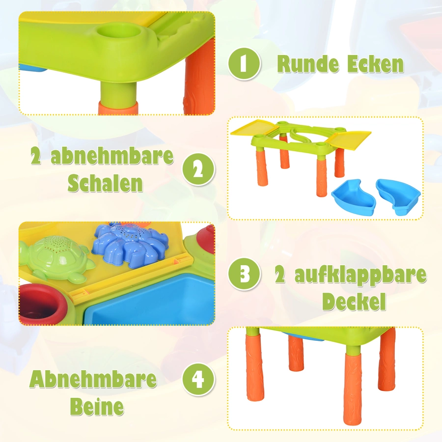HOMCOM Kinder Sandkastentisch mit 16-tlg. Zubehör grün, gelb, orange