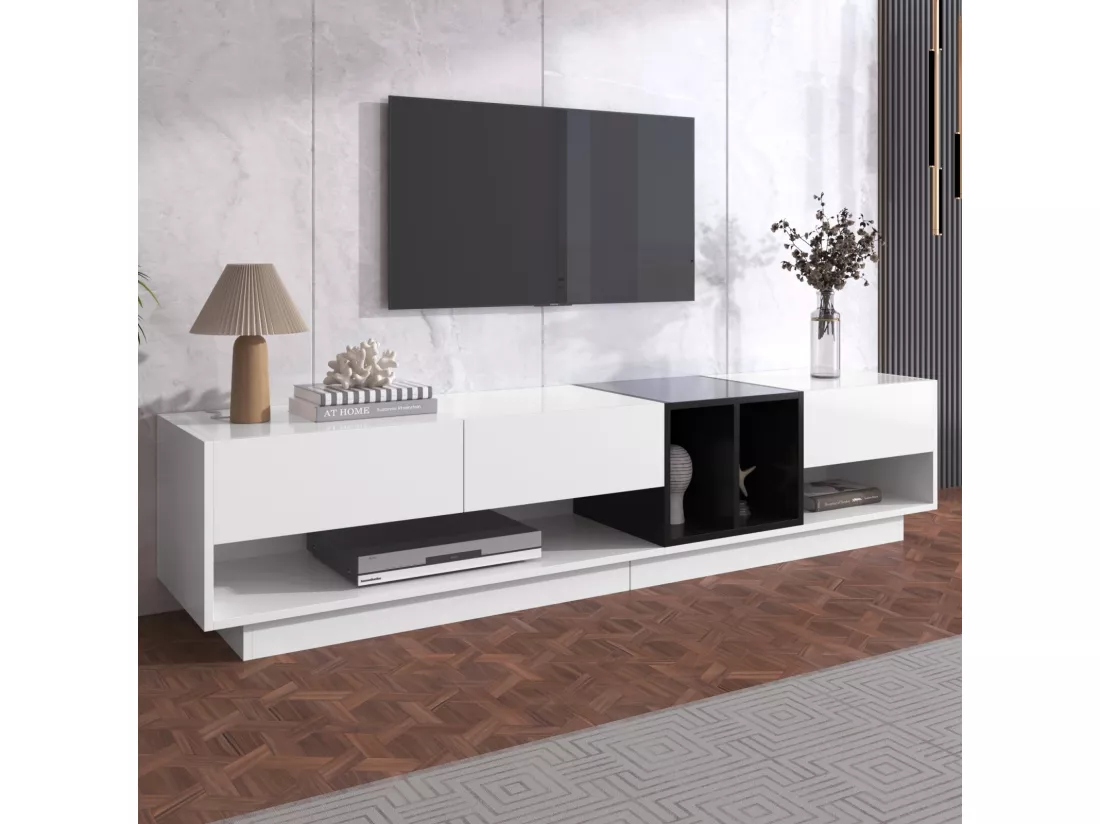 Meuble TV avec 3 tiroirs et 4 niche - Blanc et Noir - Panneaux de particules - 190x34x40cm