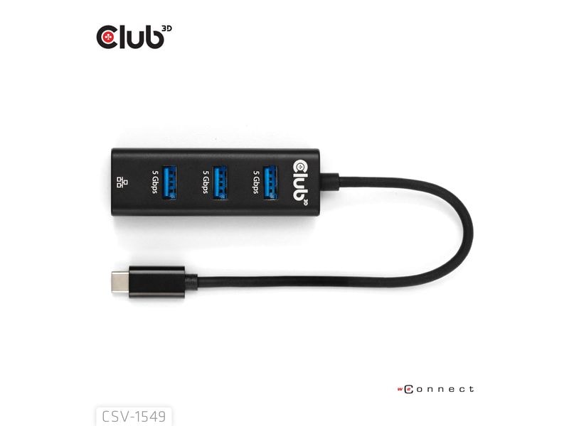 Club 3D USB-Hub CSV-1549 USB Typ-C 3.0 auf 3 Port USB Typ-A Hub mit Gigabit Ethernet