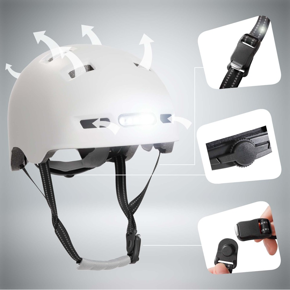 Crazy Safety - Urban cykel- og skaterhjelm med for- og baglygter - Mat hvid - M (54-57cm)