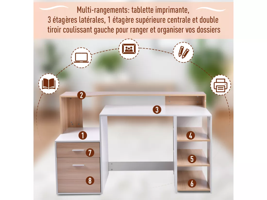 HOMCOM Bureau Informatique multimédia Design Multi-rangements 137 L x 55 l x 92 H cm chêne Blanc