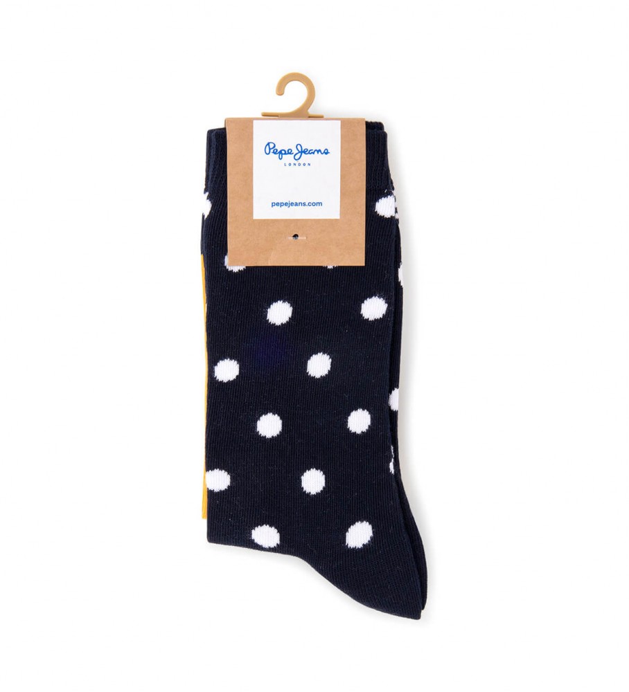 Pacote com 3 pares de meias Pepe Jeans com estampa de bolinhas, nas cores amarela e azul.