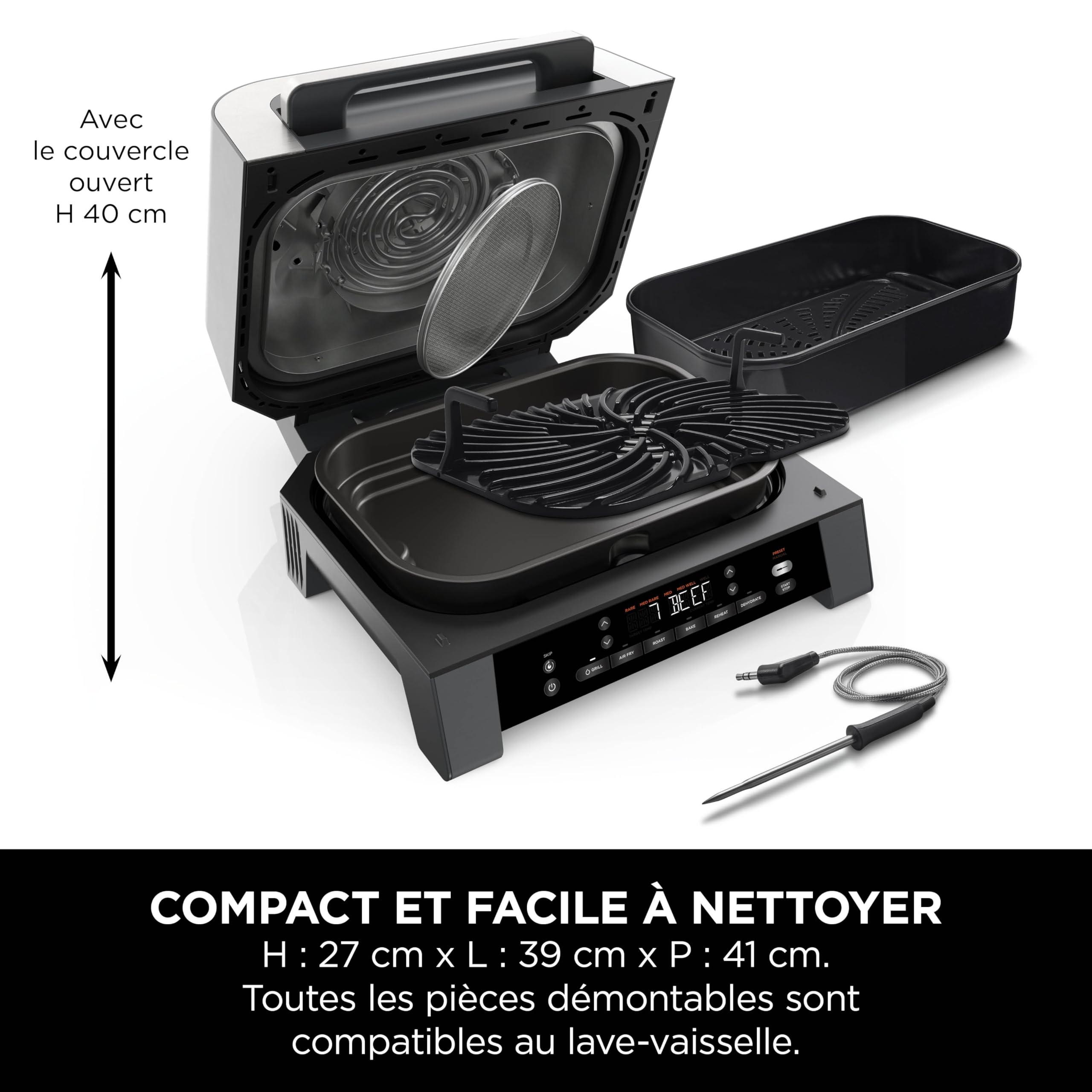 Ninja MAX 6-en-1 Grill d’intérieur et friteuse sans huile, 6 modes, cuit jusqu’à 6 hamburgers, capacité 3,8 l, faible dégagement de fumée, thermomètre