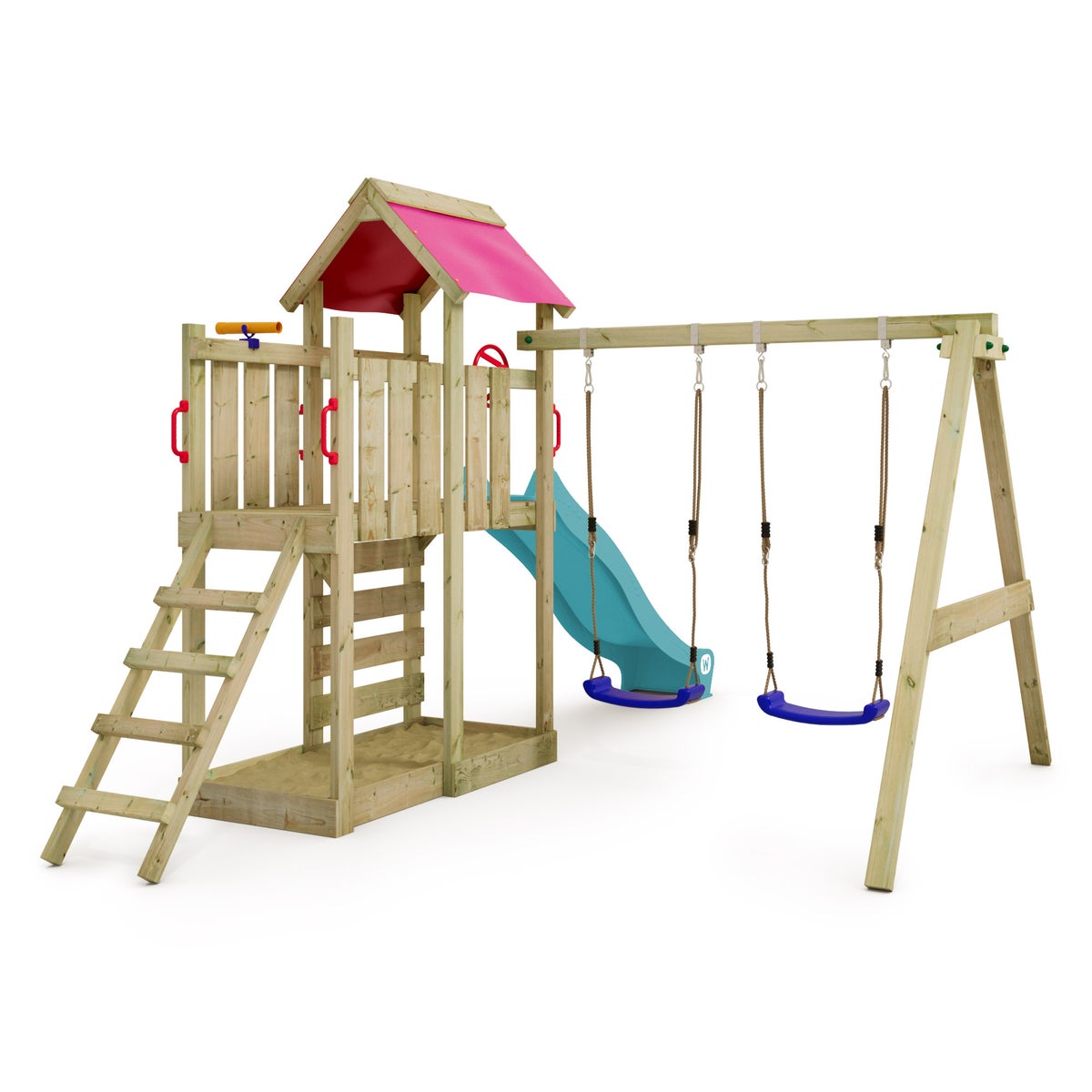 WICKEY MultiFlyer Speeltoren Klimrek met Schommel en Glijbaan, Klimtoren met Zandbak, Ladder en Speelaccessoires - Turquoise