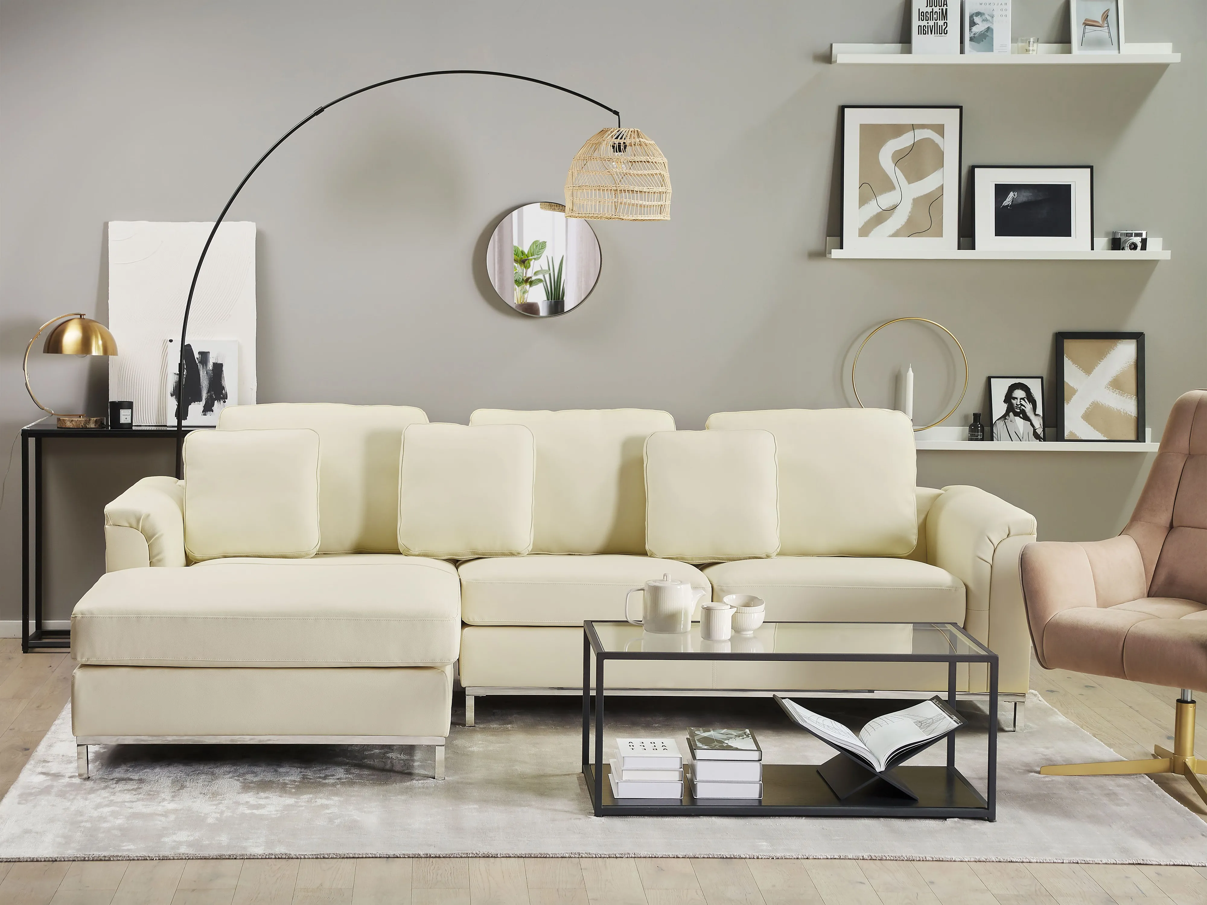 Hoekbank 4-zits OSLO Leer Lichtbeige rechtszijdig