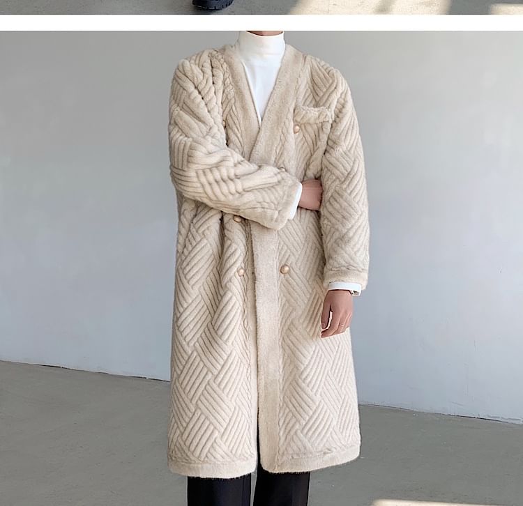 Freehop - V-hals effen fleece midi-dubbelrijsjas