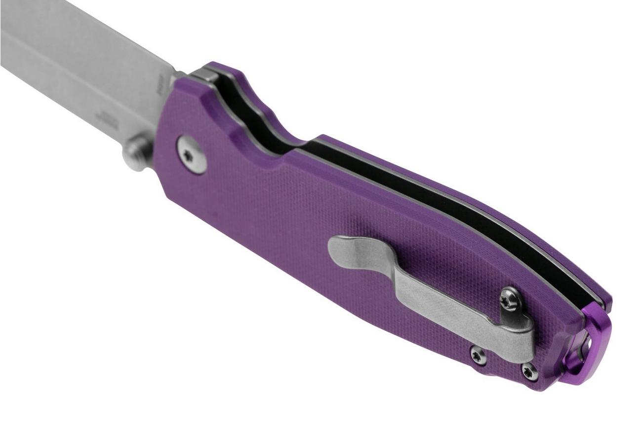 CRKT Squid XM Button Lock 2495P Stonewashed 14C28N, Violet G10, zakmes, Lucas Burnley design