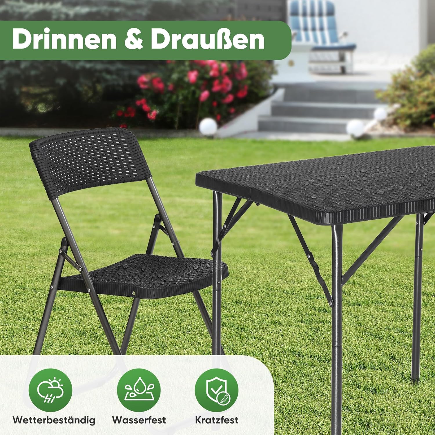 Sekey Gartengarnitur Set, Garten-Essgruppe 4 Personen, Balkonset Balkonmöbel Set 4 Stühle mit Tisch, Klappbar Gartentisch mit Stühlen Set Terrassenmöbel für Terrasse, Balkon, Bistro, Garten