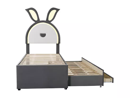 Lit gigogne enfant 90 x 200 cm velours canapé-lit avec lit gigogne tiroir de rangement et lumière LED gris
